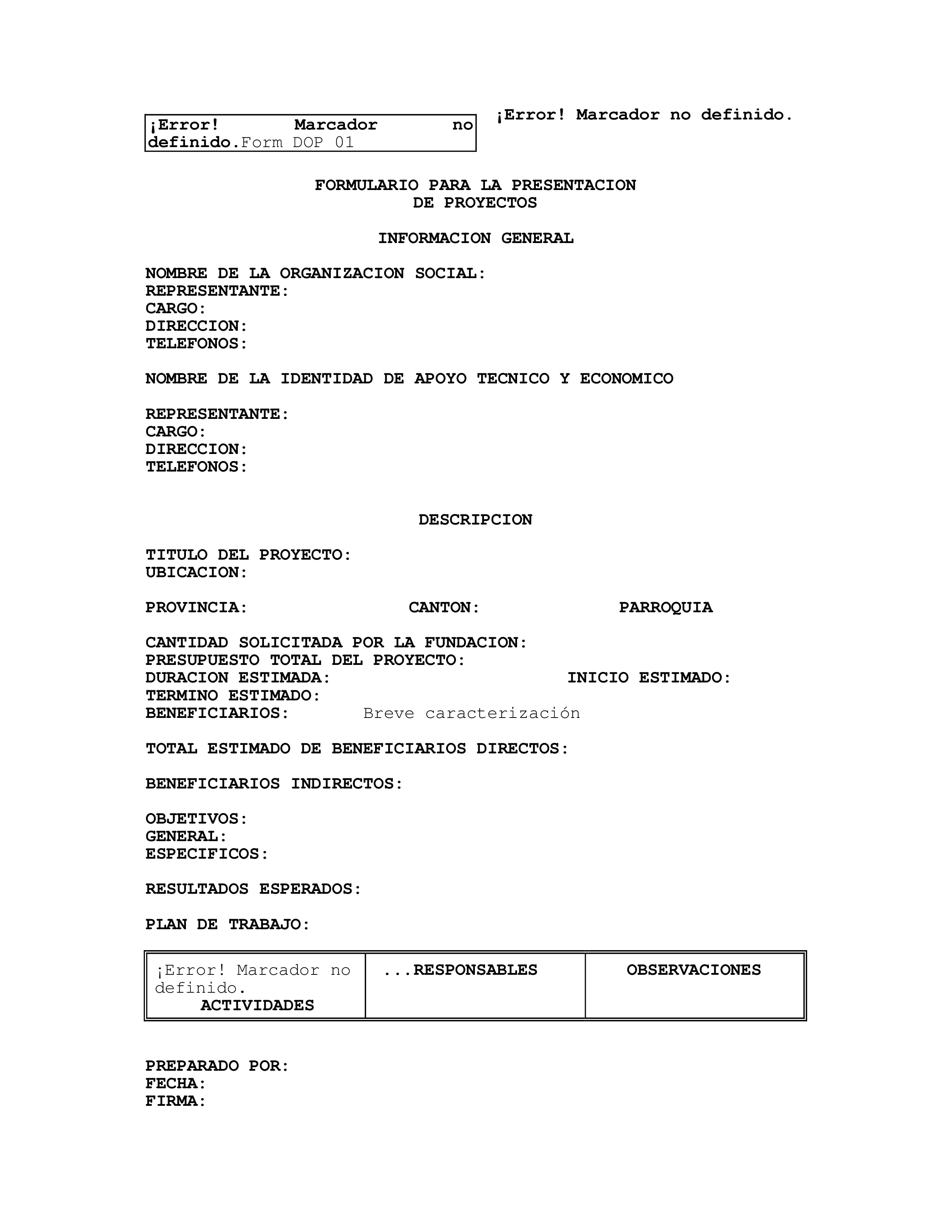 Cubierta de Formulario para la presentación de proyectos (form DOP 01)