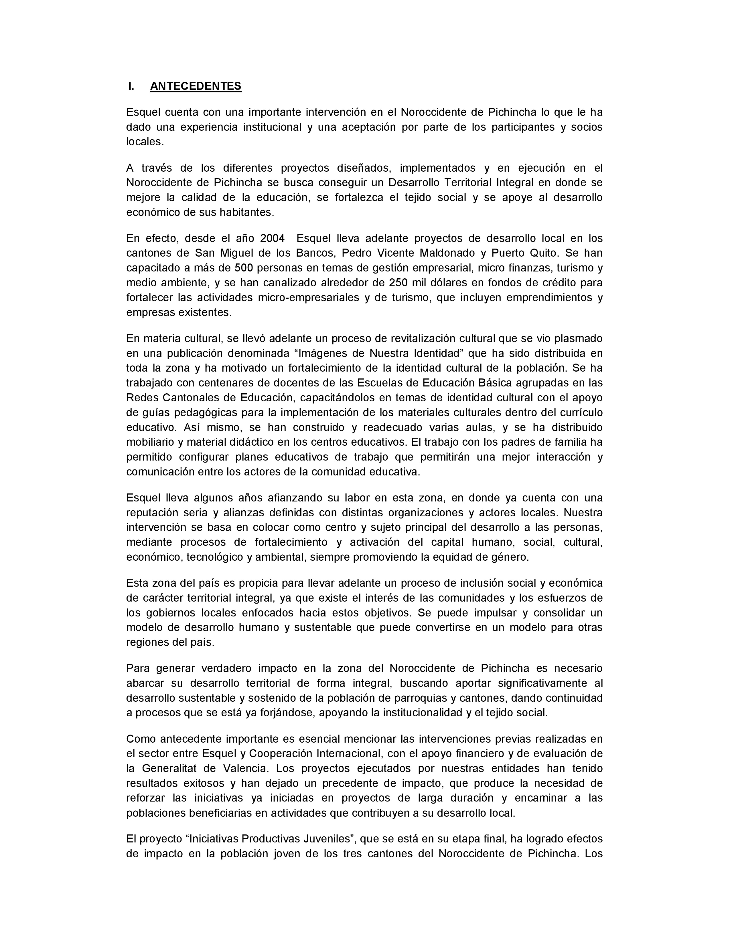 Cubierta de Proyecto de Desarrollo Local a través del fortalecimiento de iniciativas productivas y mejoramiento de la educación básica en el Noroccidente de Pichincha. Propuesta final aprobada