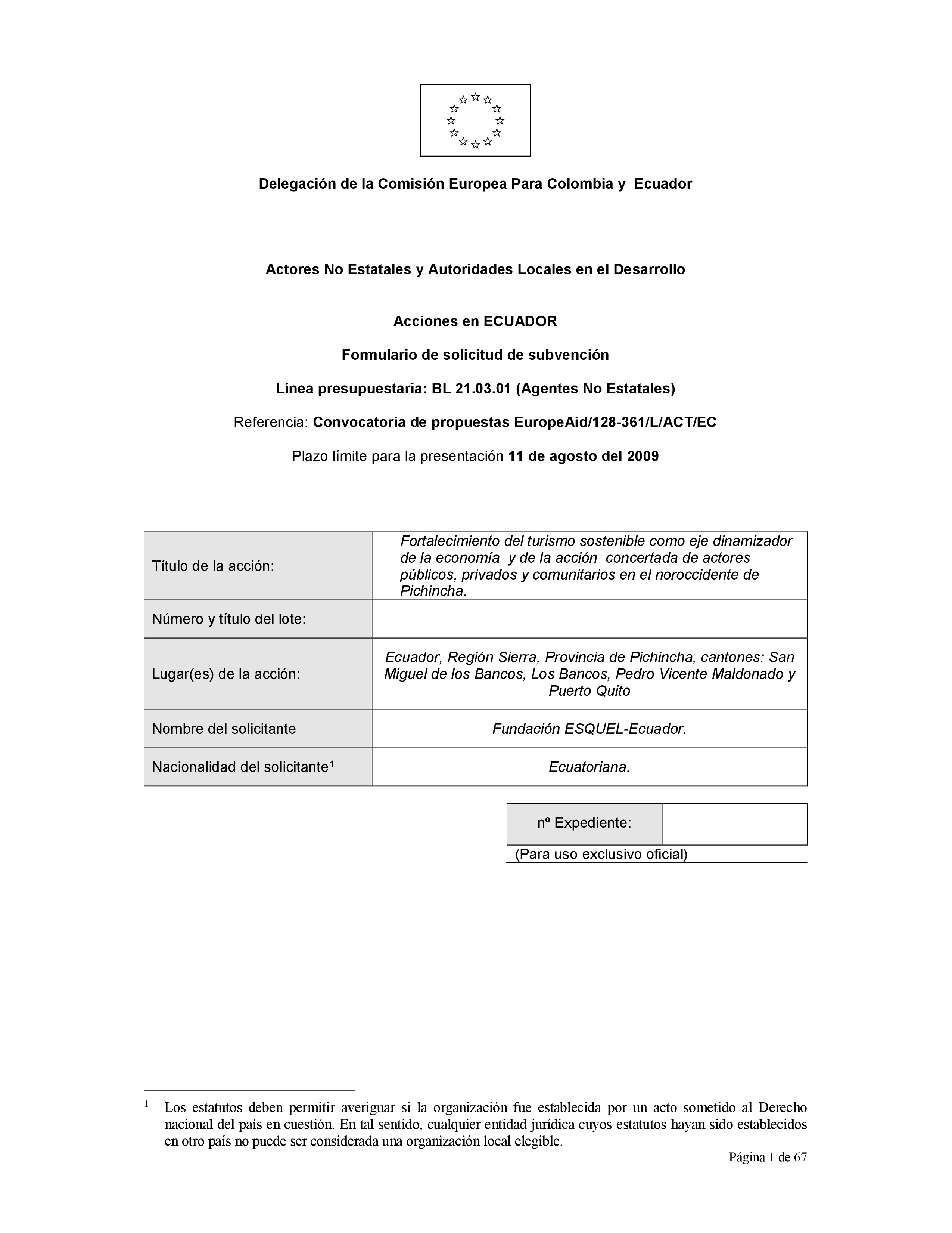 Cubierta de Fortalecimiento del turismo sostenible como eje dinamizador de la economía  y de la acción concertada de actores públicos, privados y comunitarios en el noroccidente de Pichincha. Propuesta final aprobada