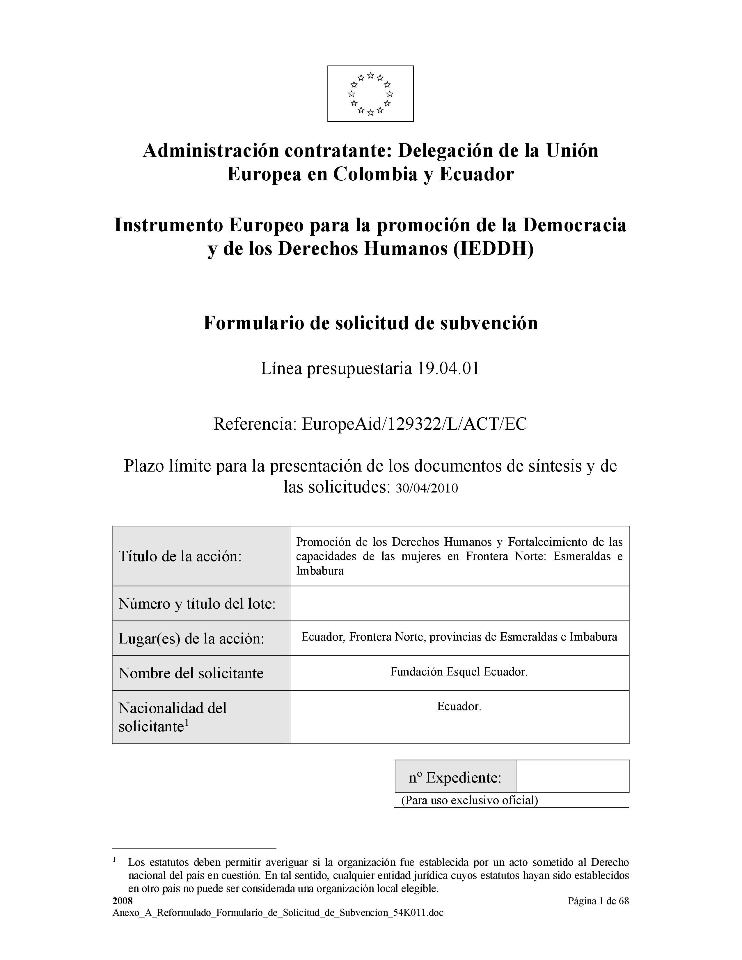 Cubierta de Promoción de los Derechos Humanos y fortalecimiento de las capacidades de las mujeres en Frontera Norte: Esmeraldas e Imbabura. Propuesta final aprobada