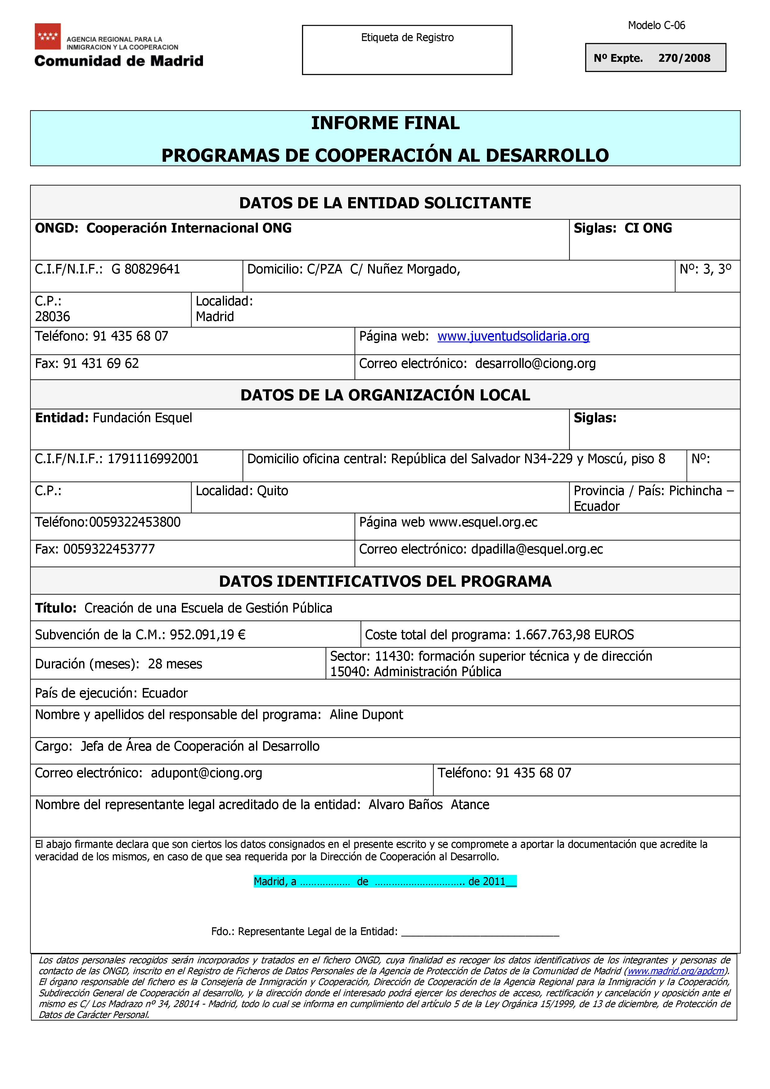 Cubierta de Creación de una Escuela de Gestión Pública en Ecuador para mejorar la calidad de gestión de los municipios a través de la formación. Informe Final de Proyecto