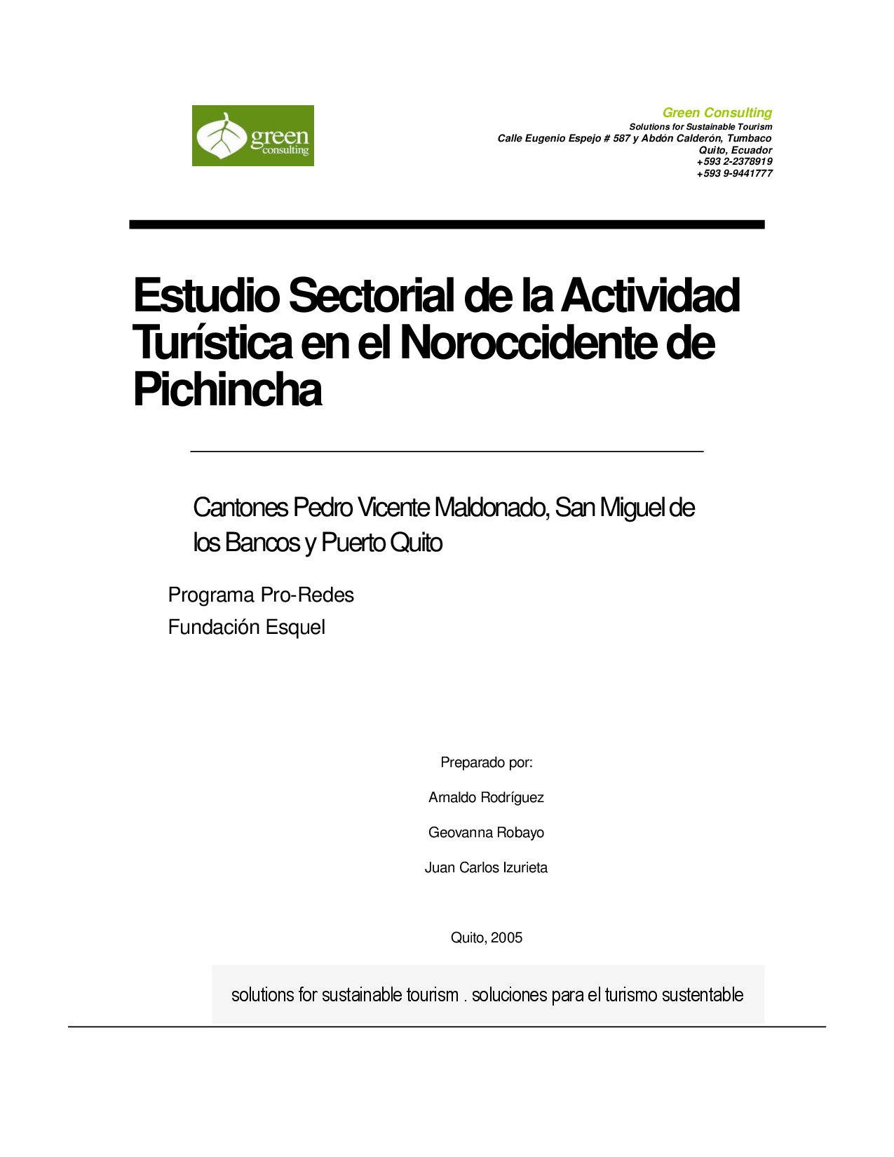 Cubierta de Estudio Sectorial de la Actividad Turística en el Noroccidente de Pichincha