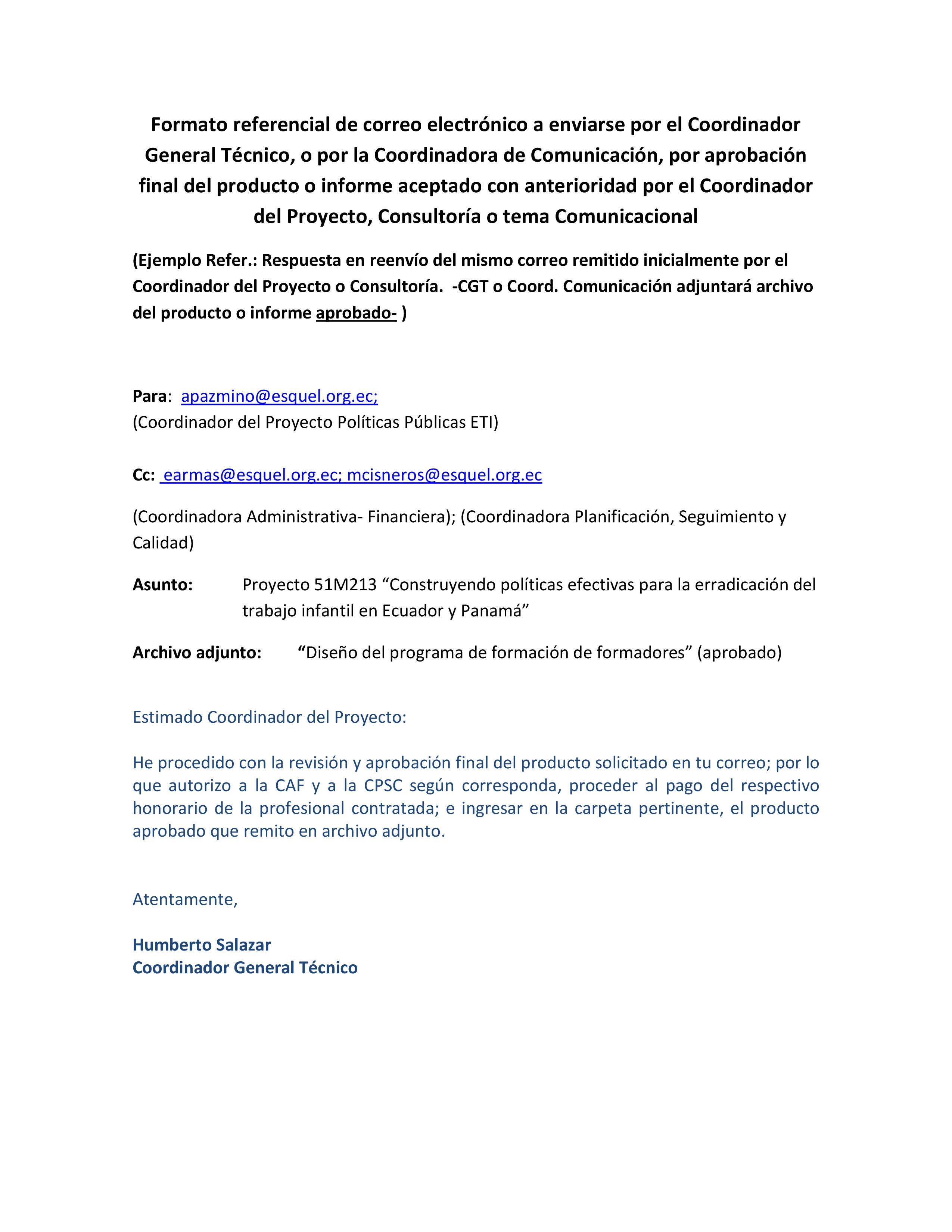 Cubierta de Formato referencial de correo electrónico (aprobación de producto)