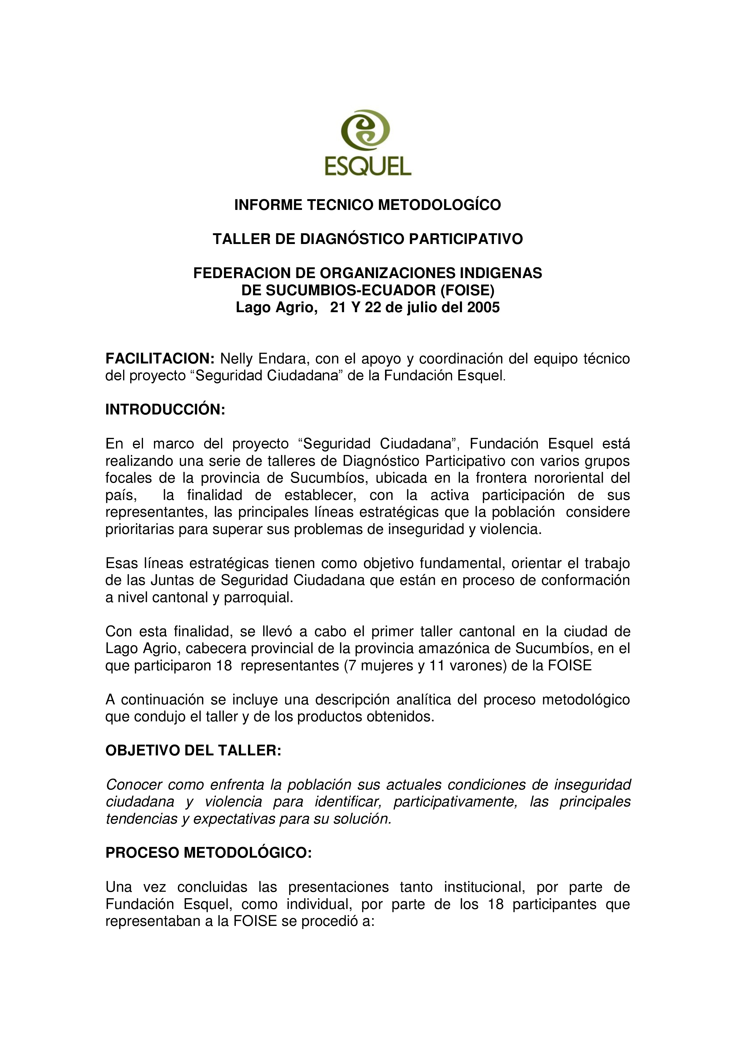 Cubierta de Sistematización del taller de diagnóstico participativo de seguridad ciudadana con la Federación de Organizaciones Indígenas de Sucumbíos-Ecuador (FOISE)