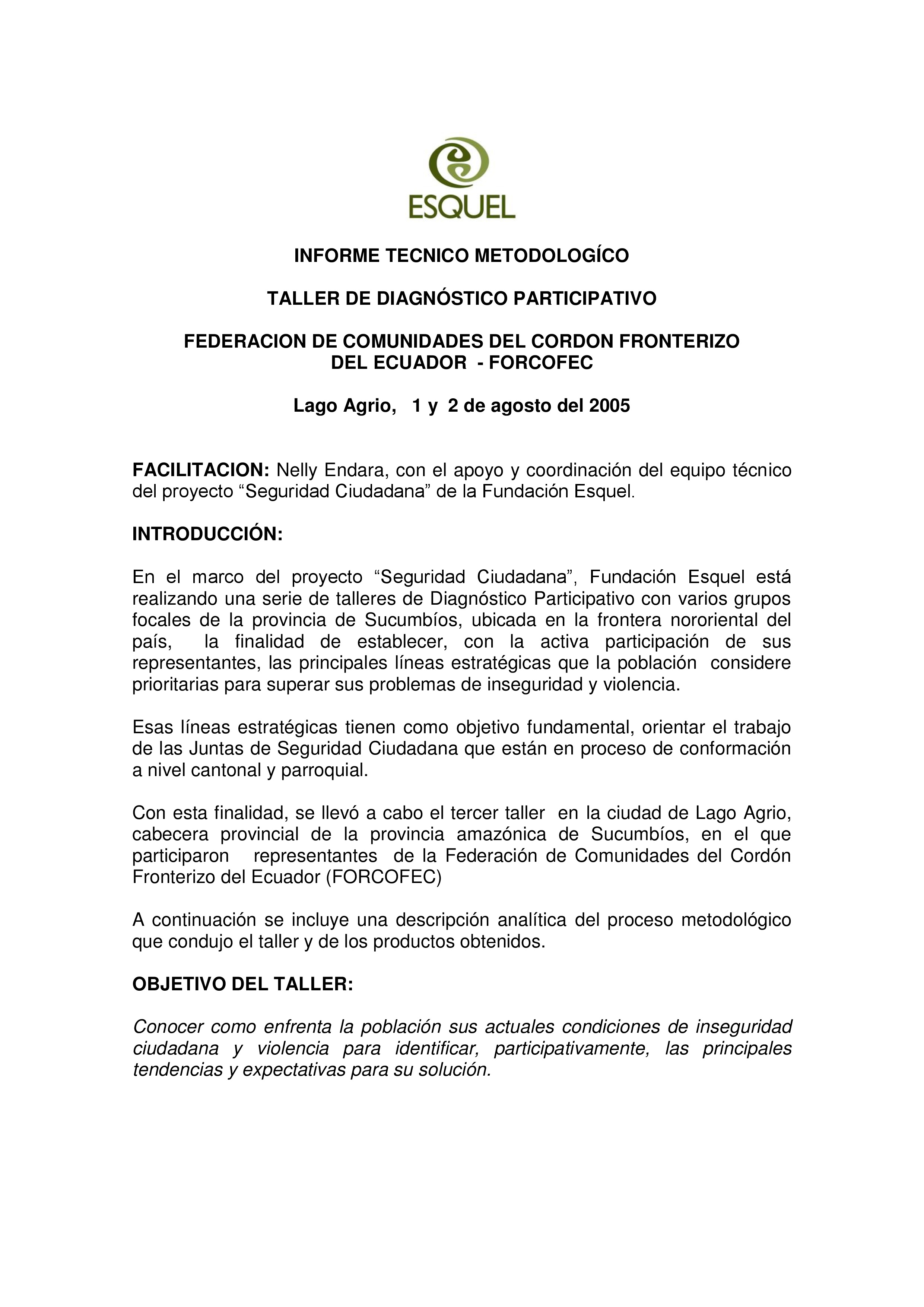 Cubierta de Sistematización del taller de diagnóstico participativo de seguridad ciudadana con la Federación de Comunidades del Cordón Fronterizo del Ecuador (FORCOFEC)