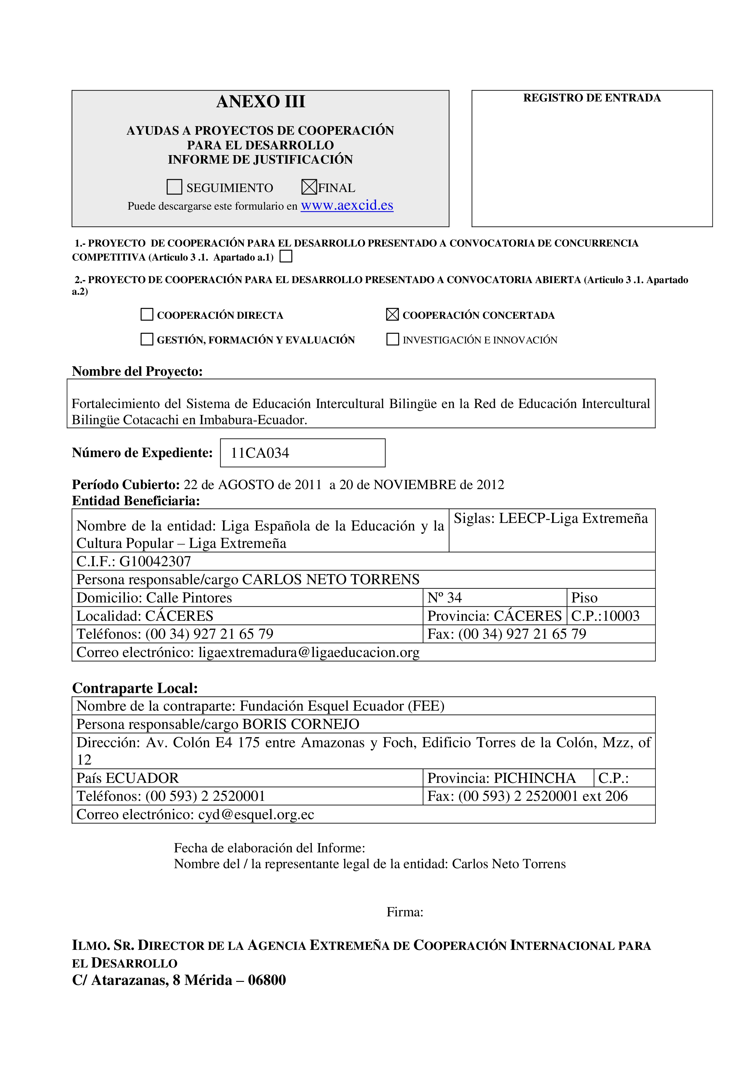 Cubierta de Fortalecimiento del Sistema de Educación Intercultural Bilingüe en la Red de Educación Intercultural Bilingüe Cotacachi en Imbabura-Ecuador. Informe Final de Proyecto