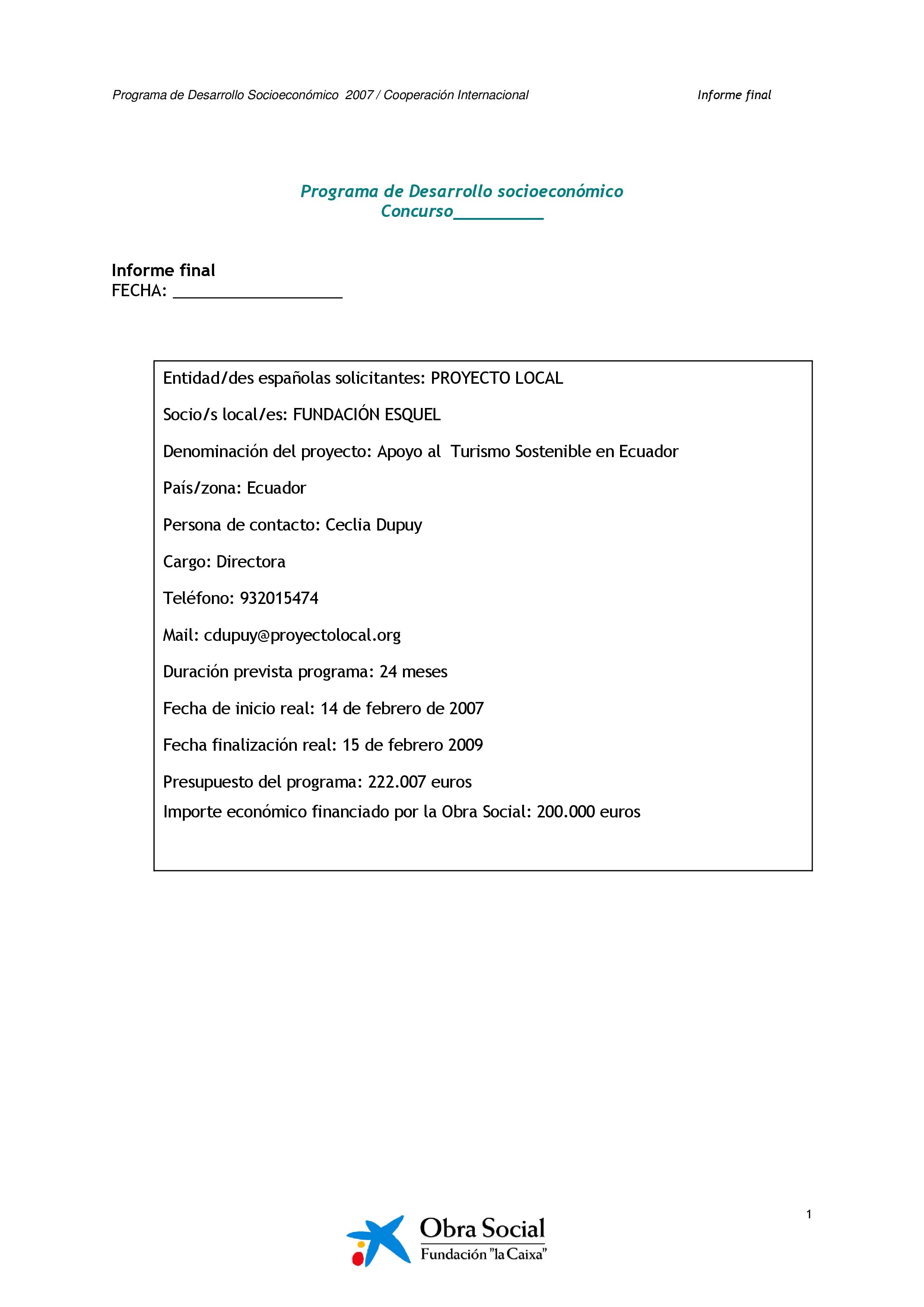 Cubierta de Promoción del Turismo Sostenible en el Ecuador. Informe Final de Proyecto