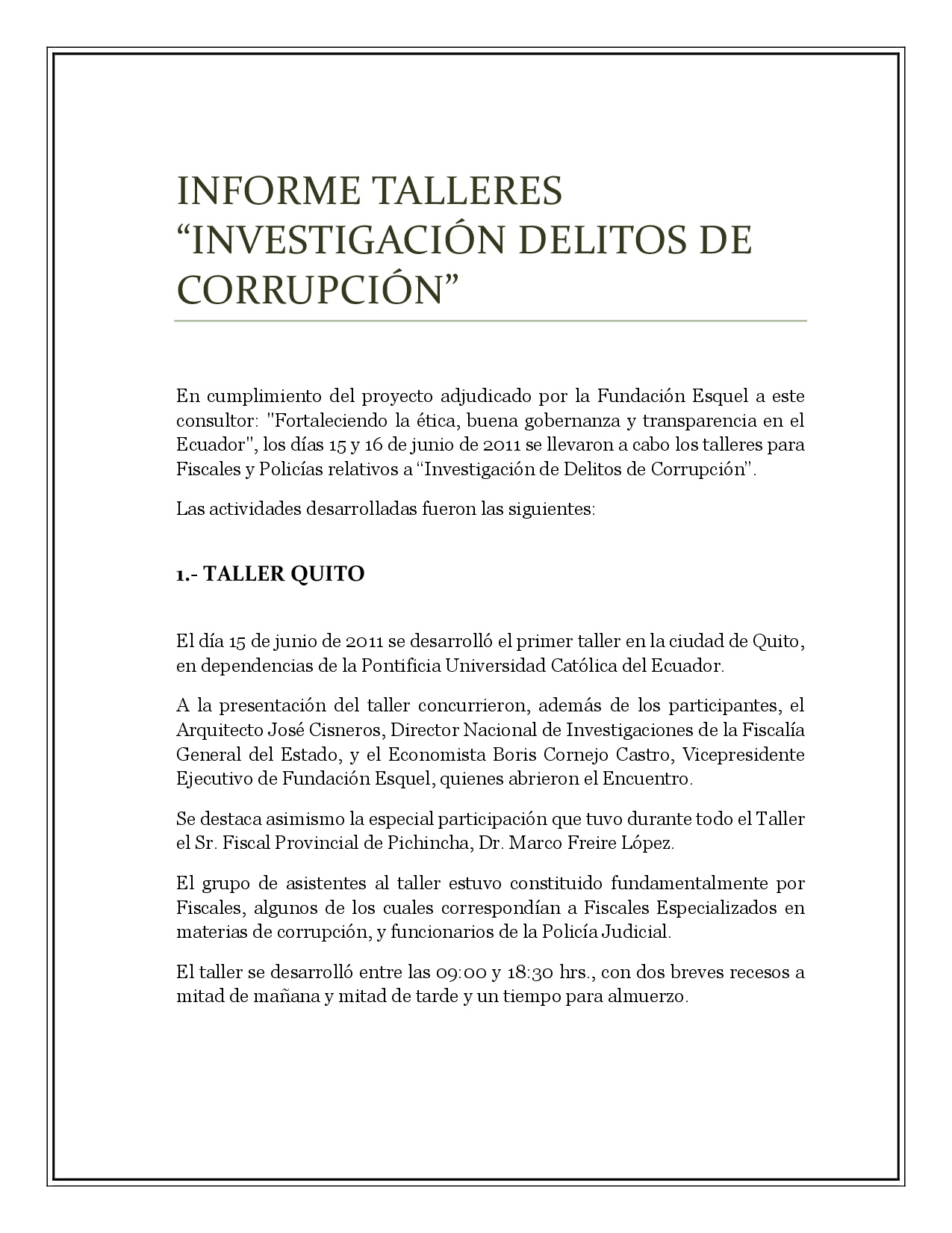 Cubierta de Talleres “Investigación delitos de corrupción”. Informe final