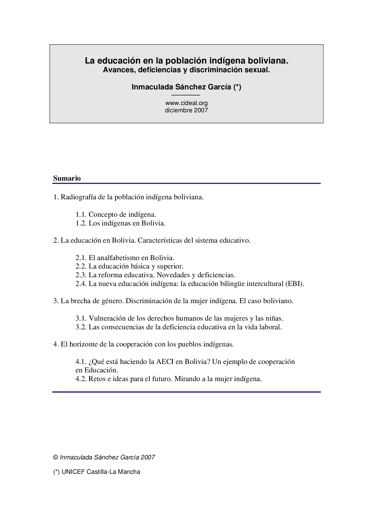 Cubierta de La educación en la población indígena boliviana. Avances, deficiencias y discriminación sexual