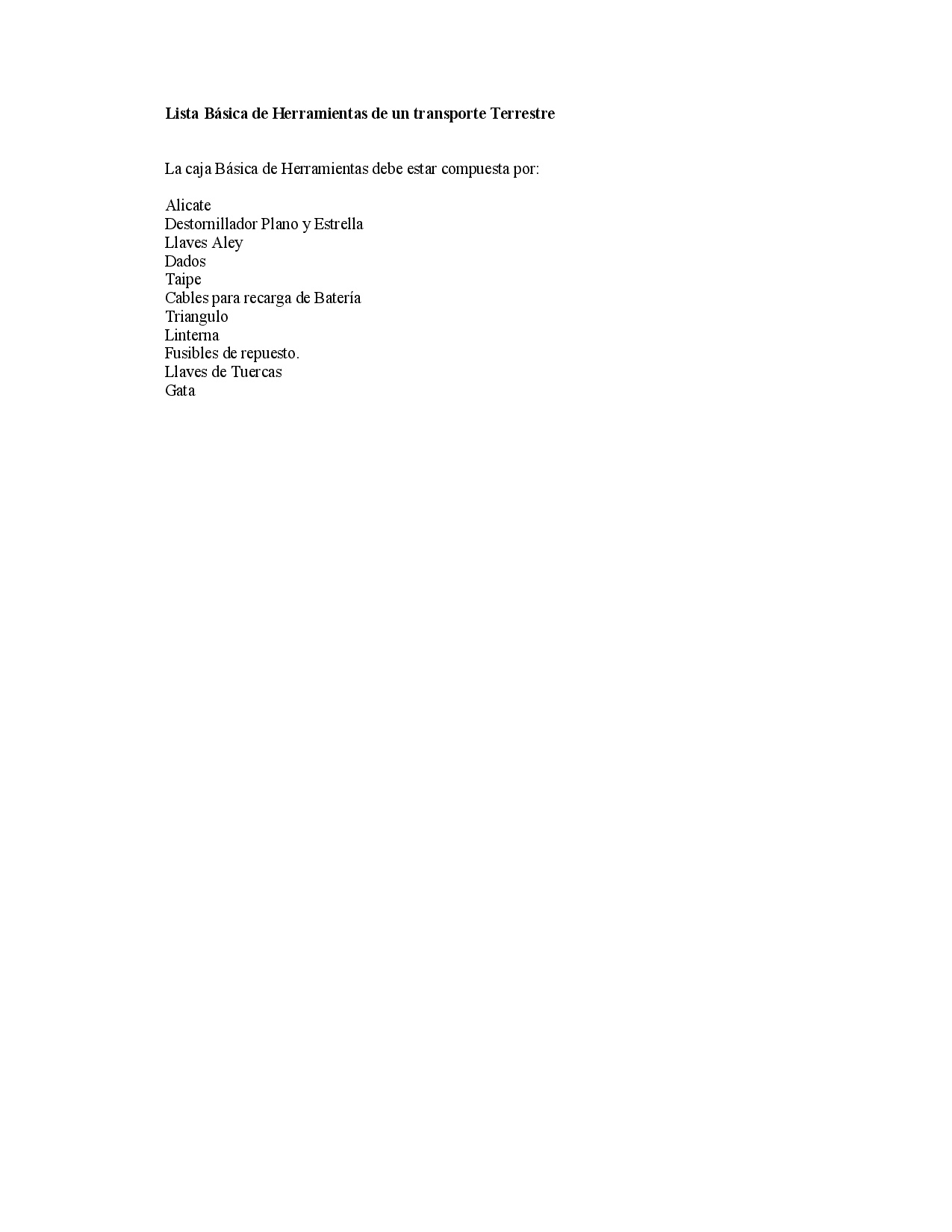 Cubierta de Lista básica de herramientas de un transporte terrestre