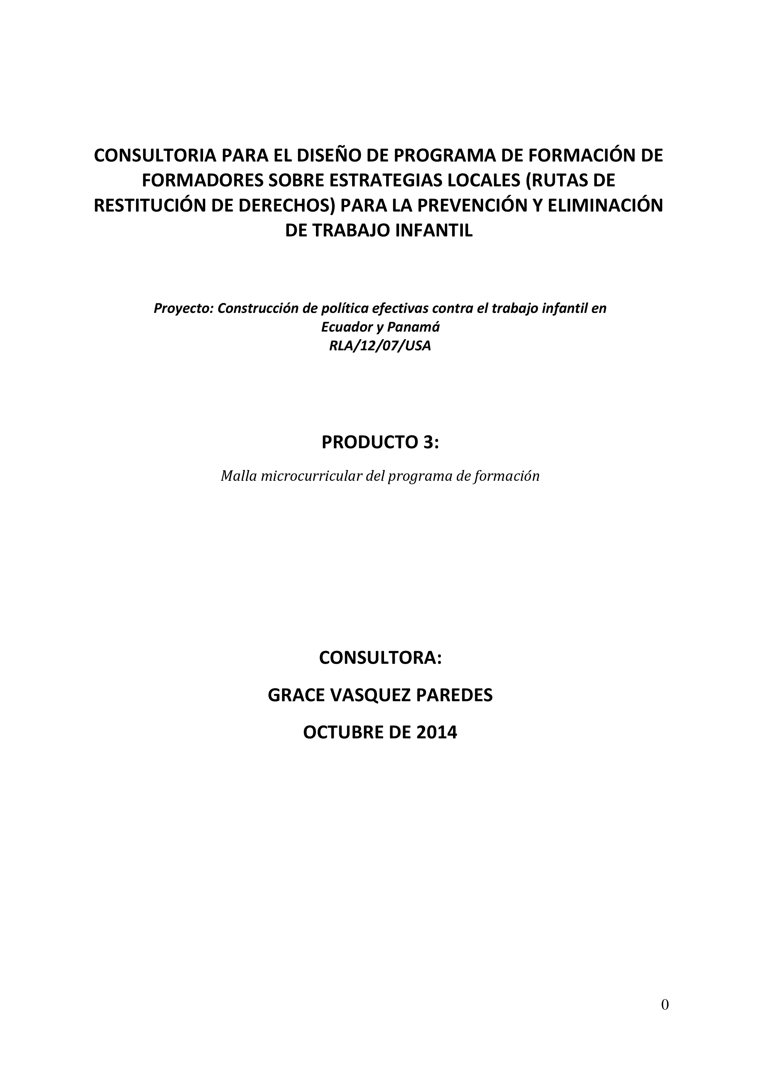 Cubierta de Malla microcurricular del programa de formación de formadores para la prevención y eliminación del trabajo infantil