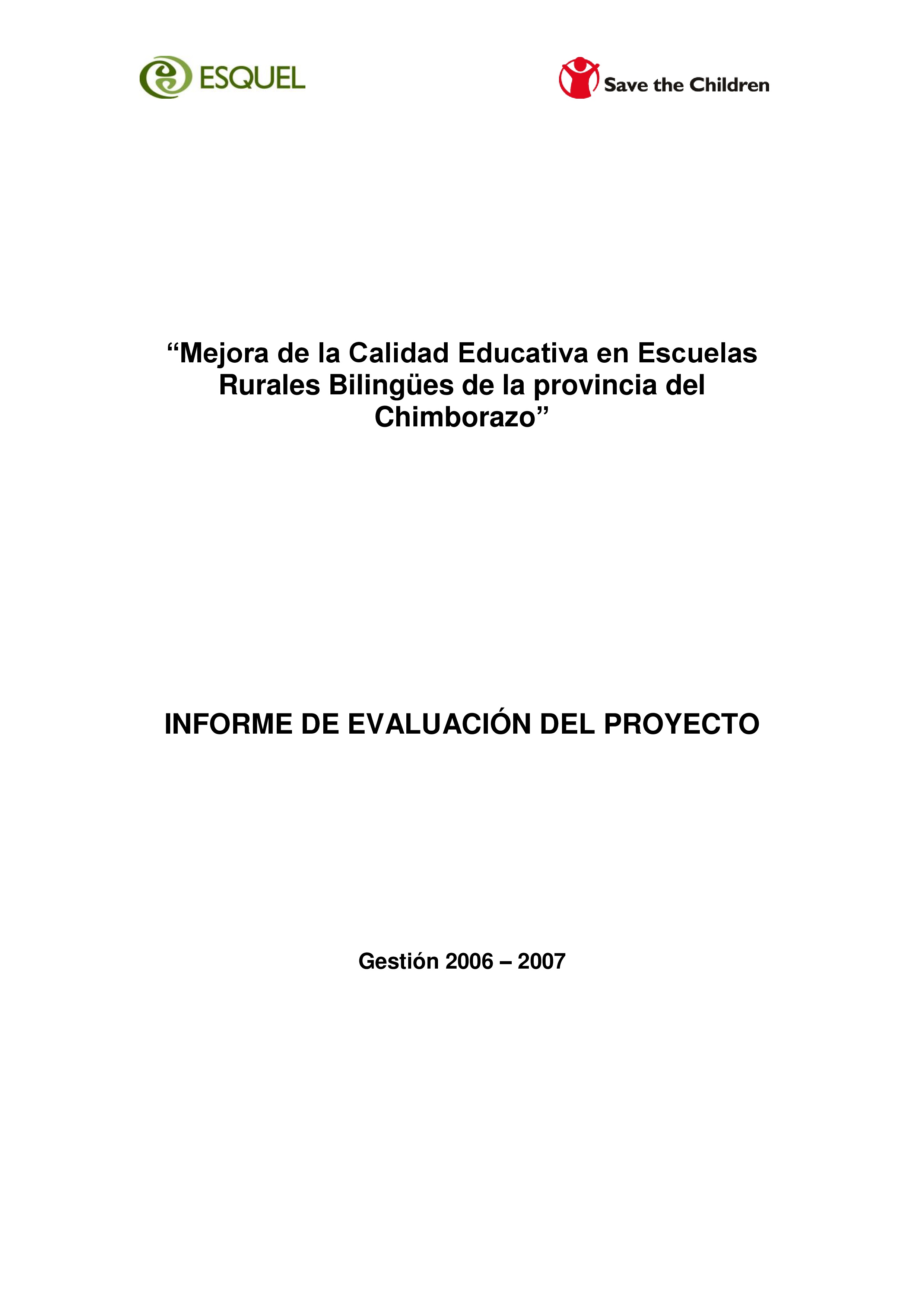 Cubierta de Mejora de la Calidad Educativa en Escuelas Rurales Bilingües de la provincia del Chimborazo. Informe de evaluación
