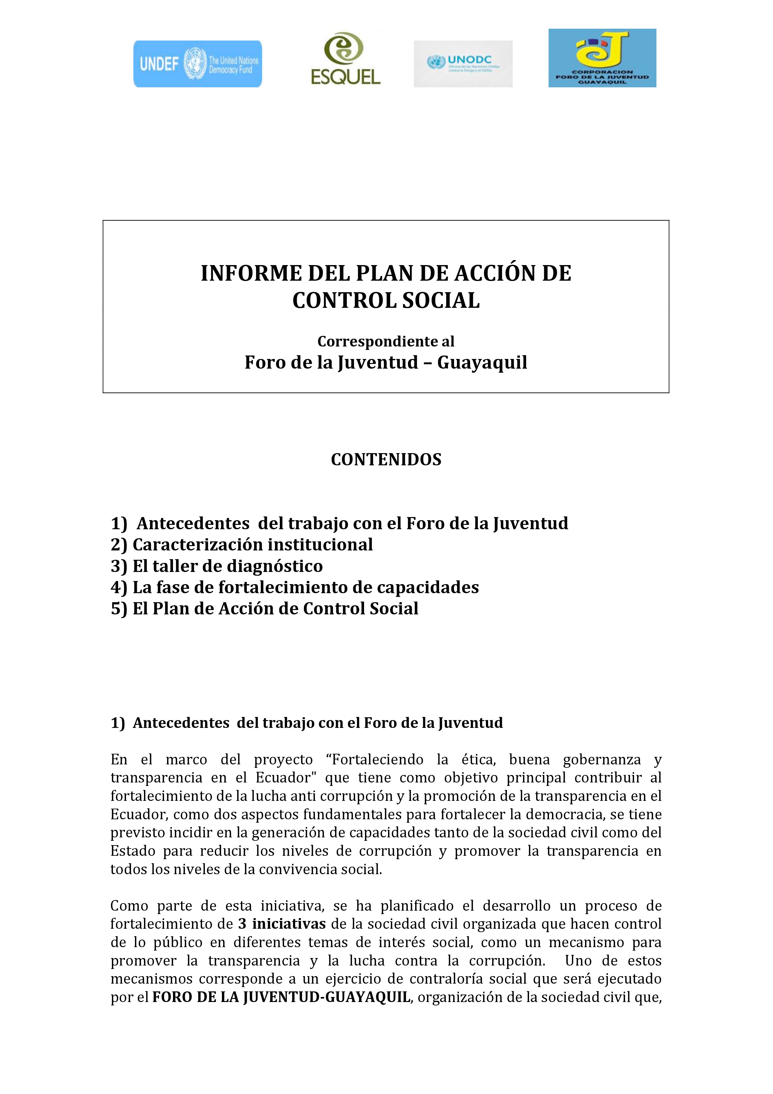 Cubierta de Informe del Plan de Acción de Control Social (Foro de la Juventud-Guayaquil)
