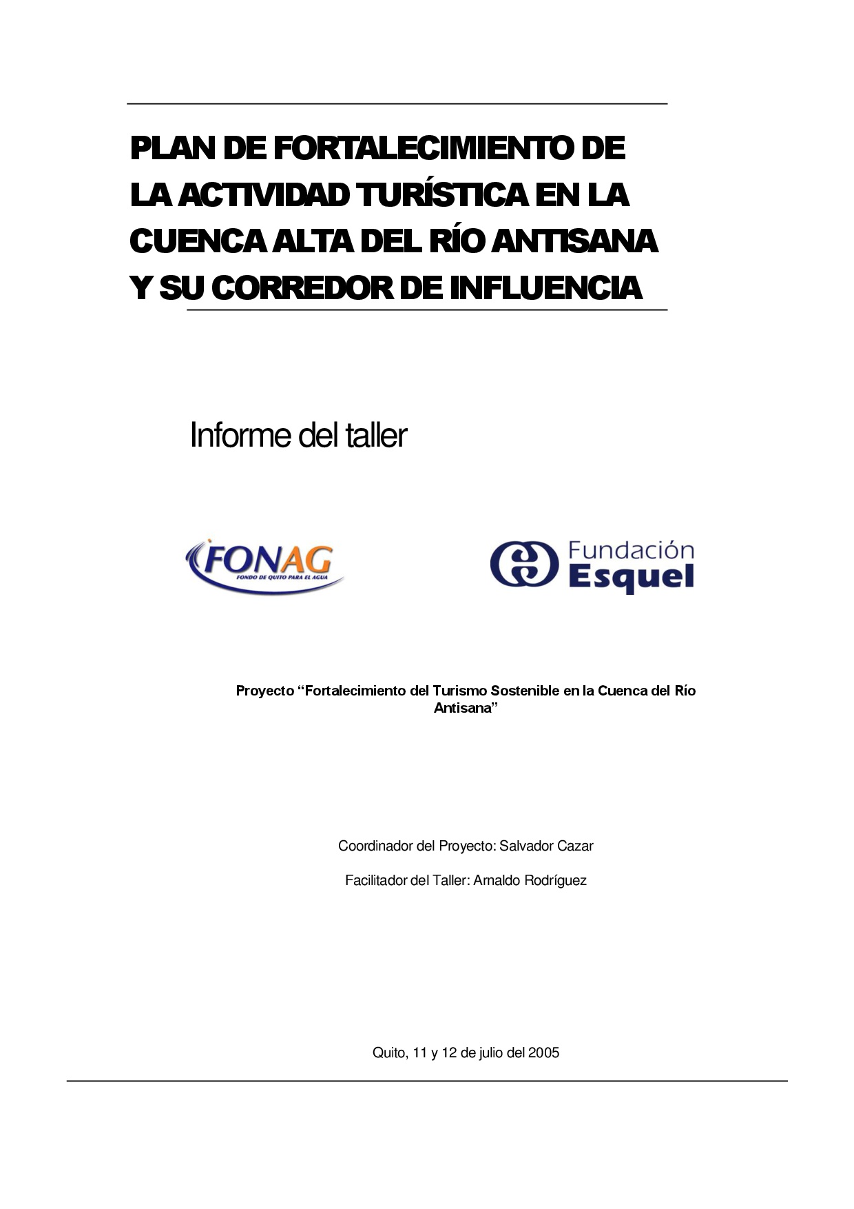 Cubierta de Plan de fortalecimiento actividad turística en Cuenca Alta Río Antisana