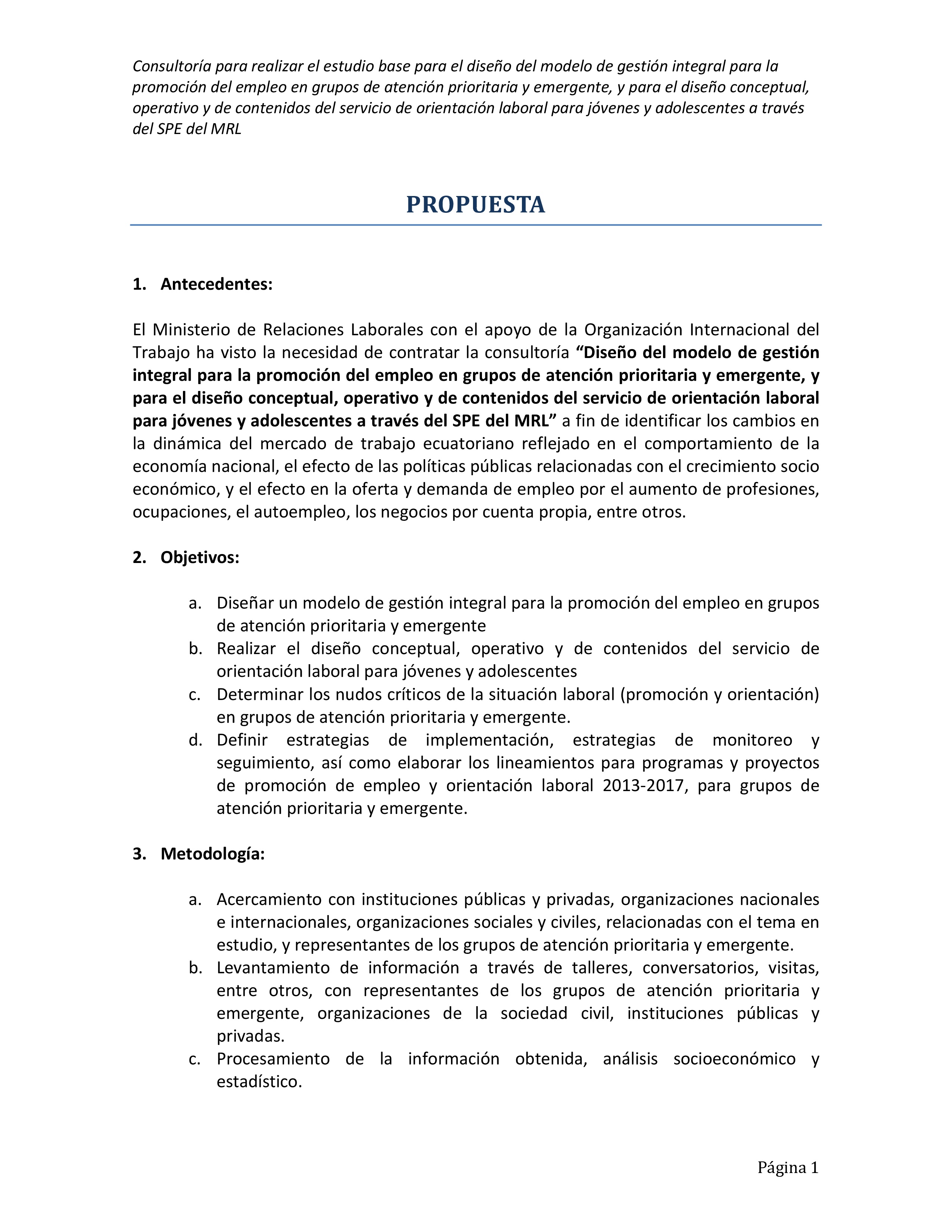 Cubierta de Diseño del modelo de gestión integral para la promoción del empleo en grupos de atención prioritaria y emergente, y para el diseño conceptual, operativo y de contenidos del servicio de orientación laboral para jóvenes y adolescentes a través del SPE. Prop