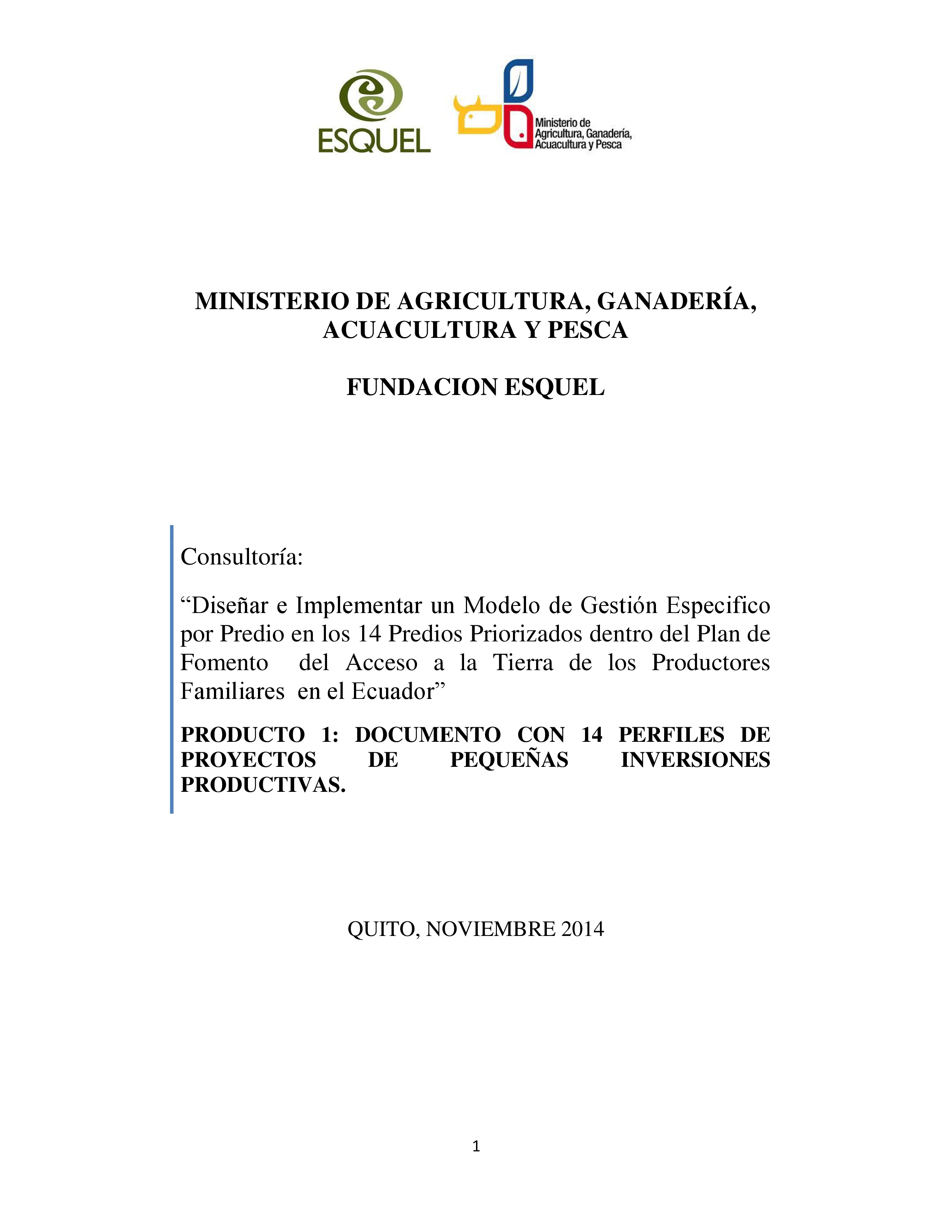 Cubierta de Documento con 14 perfiles de proyectos de pequeñas inversiones productivas