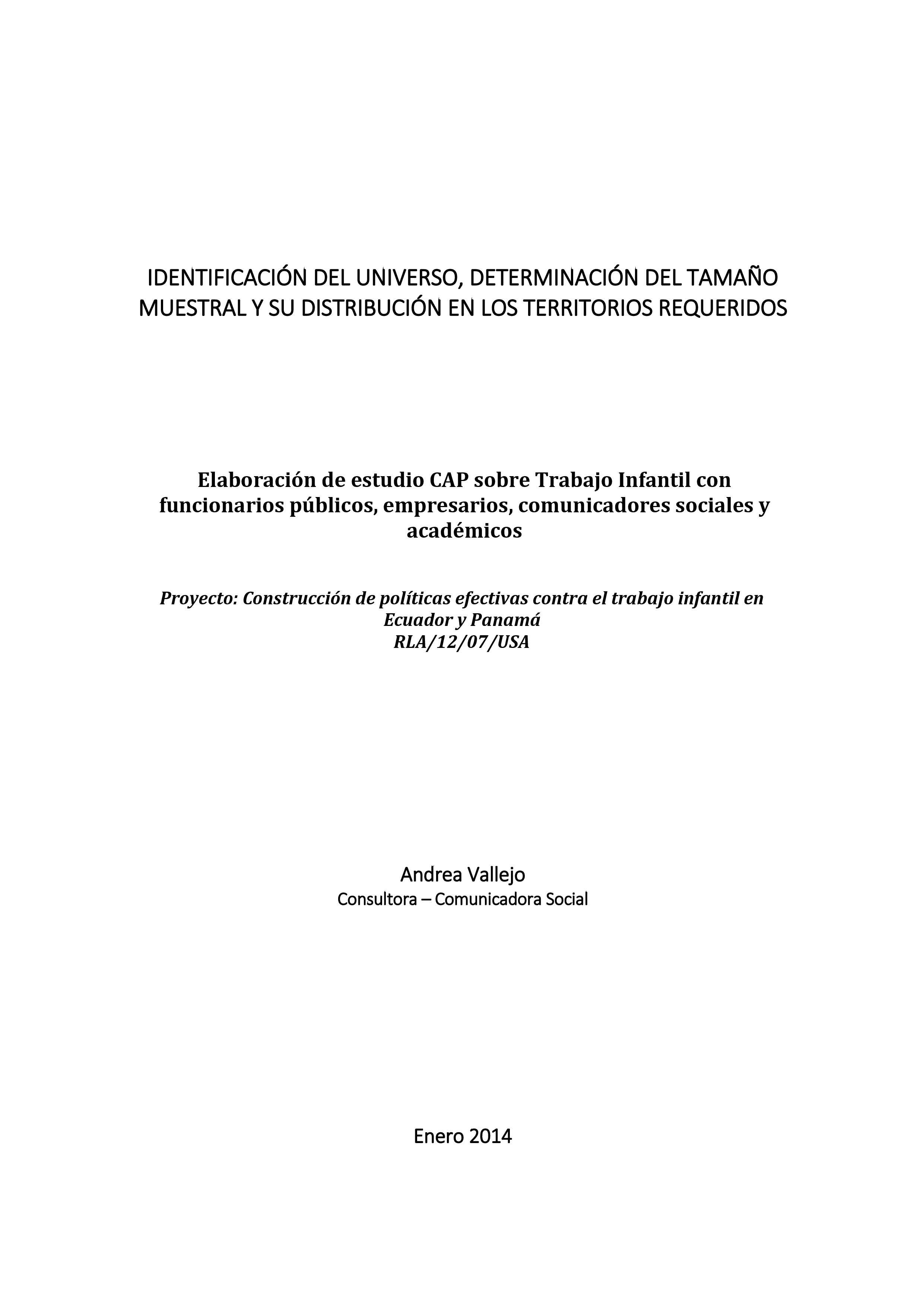 Cubierta de Elaboración de estudio CAP sobre Trabajo Infantil con funcionarios públicos, empresarios, comunicadores sociales y académicos 