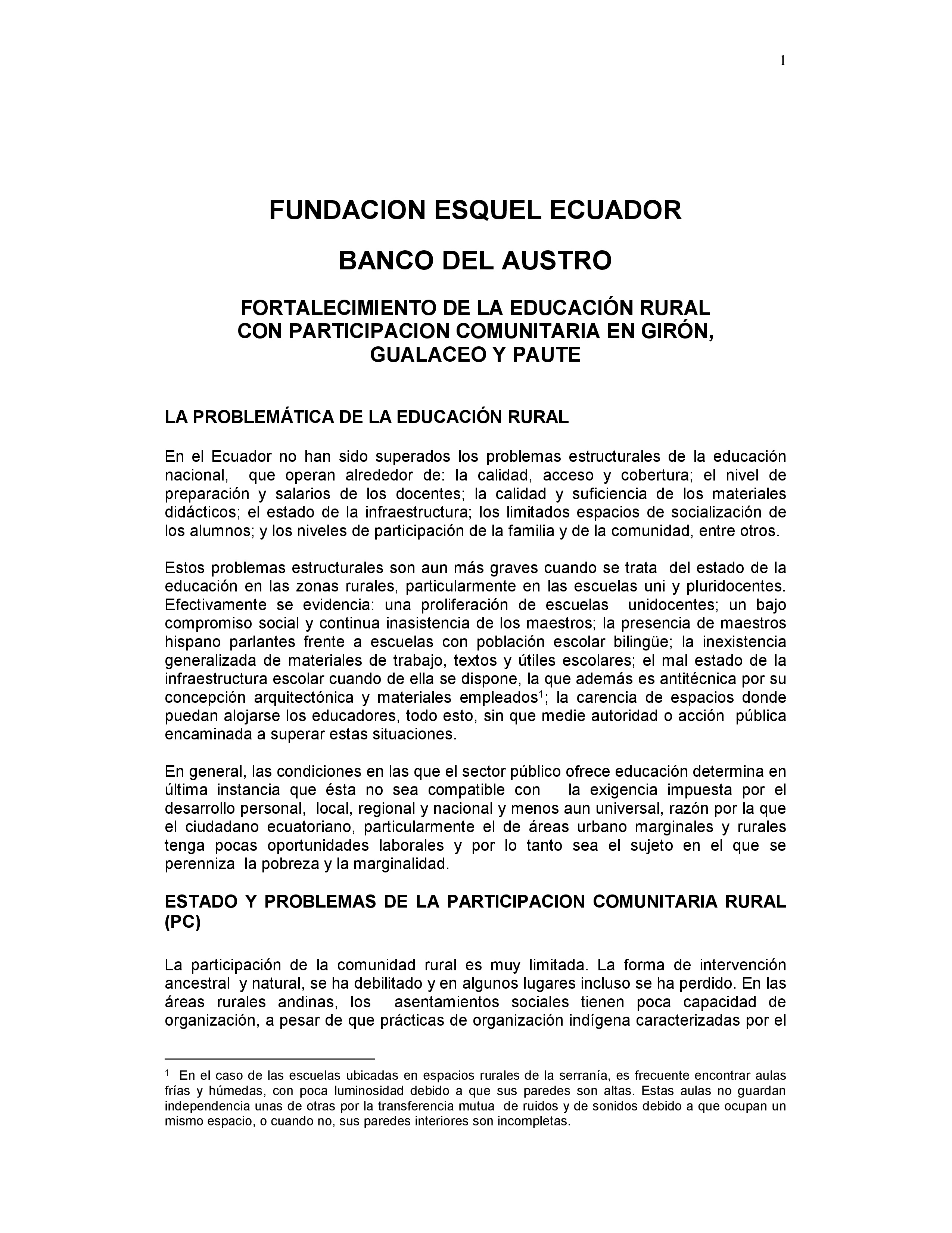 Cubierta de Fortalecimiento de la educación rural con participación comunitaria en Girón, Gualaceo y Paute. Propuesta final aprobada