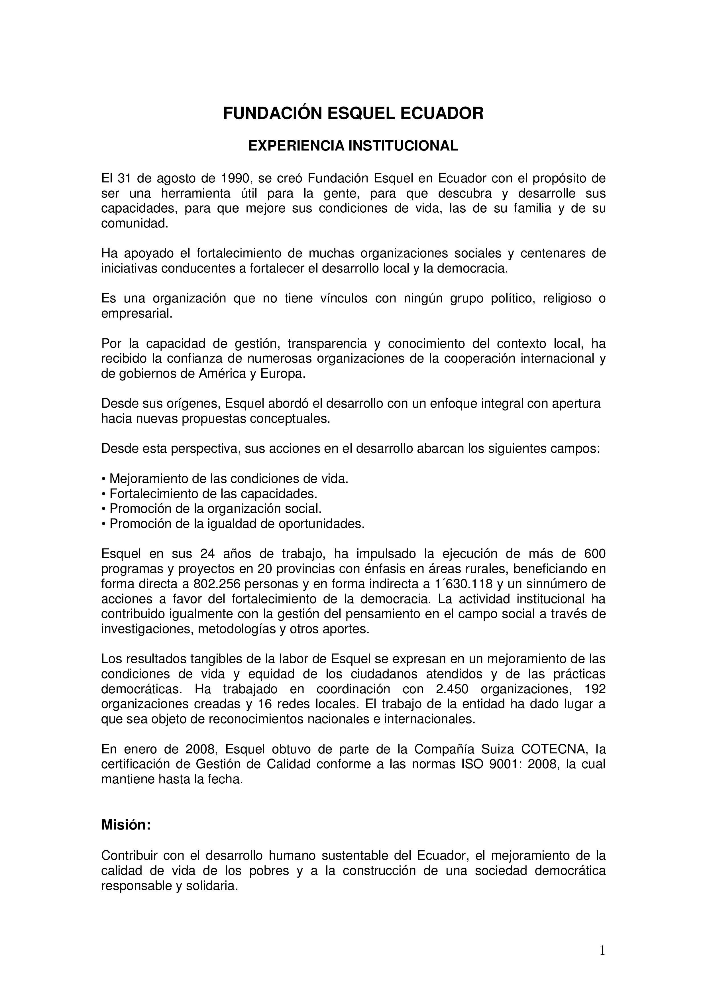 Cubierta de Resumen CV de Fundación Esquel para el Ministerio de Educación