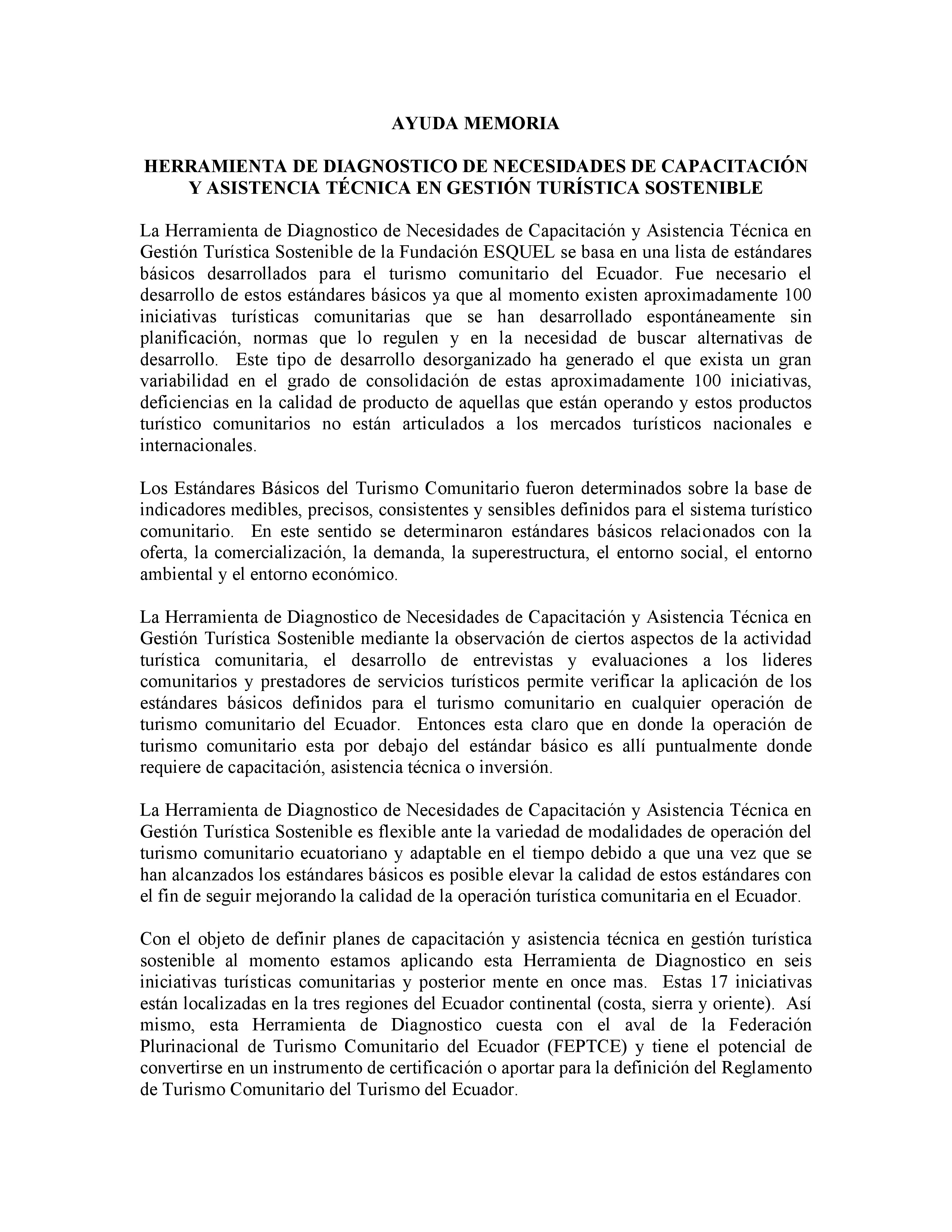 Cubierta de Síntesis de herramienta de diagnóstico de necesidades de capacitación y asistencia técnica en gestión turística sostenible